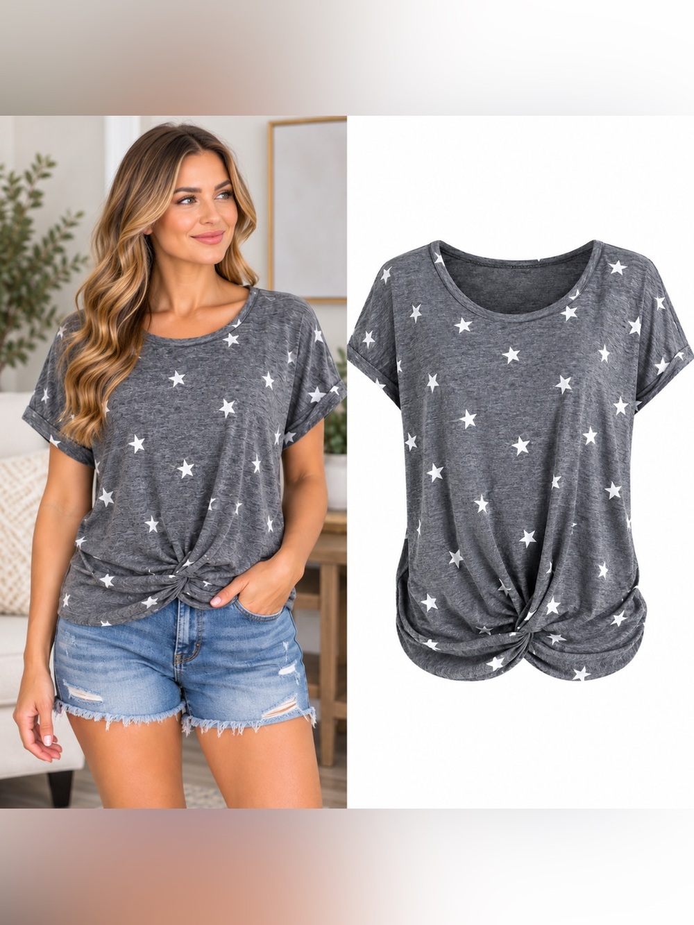 Lucky Brand Star Print Twist-Front Top Women’s Size Large Patriotic Chic Blue